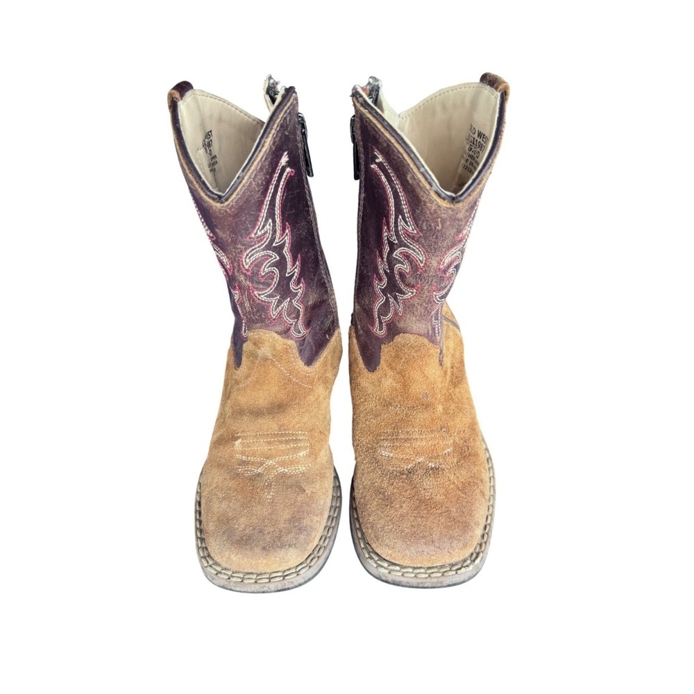 Old West Kids Cowboy Boots 8.5 Brown Leather Suede Square Toe Zip Western Rodeo